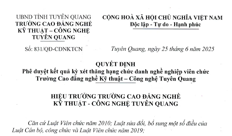 Thumbnail Số 831/QĐ-CĐNKTCN: Phê duyệt kết quả kỳ xét thăng hạng chức danh nghề nghiệp Viên chức