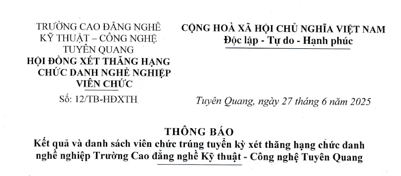 Thumbnail Số 12/TB-HĐXTH: Thông báo kết quả và danh sách viên chức trúng tuyển kỳ xét thăng hạng chức danh nghề nghiệp